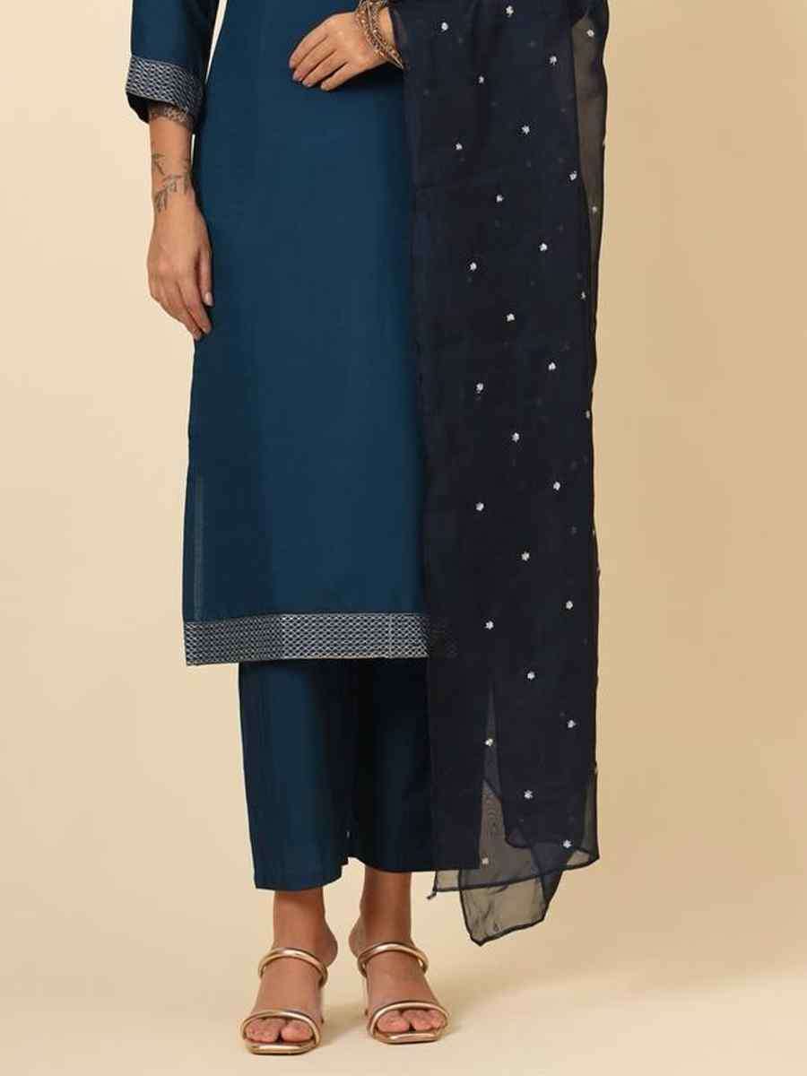 Teal Roman Muslin Silk Embroidered Festival Casual Ready Pant Salwar Kameez