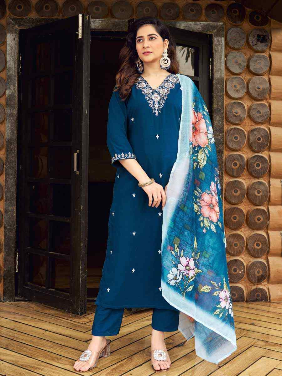 Teal Roman Silk Embroidered Festival Casual Pant Ready Salwar Kameez