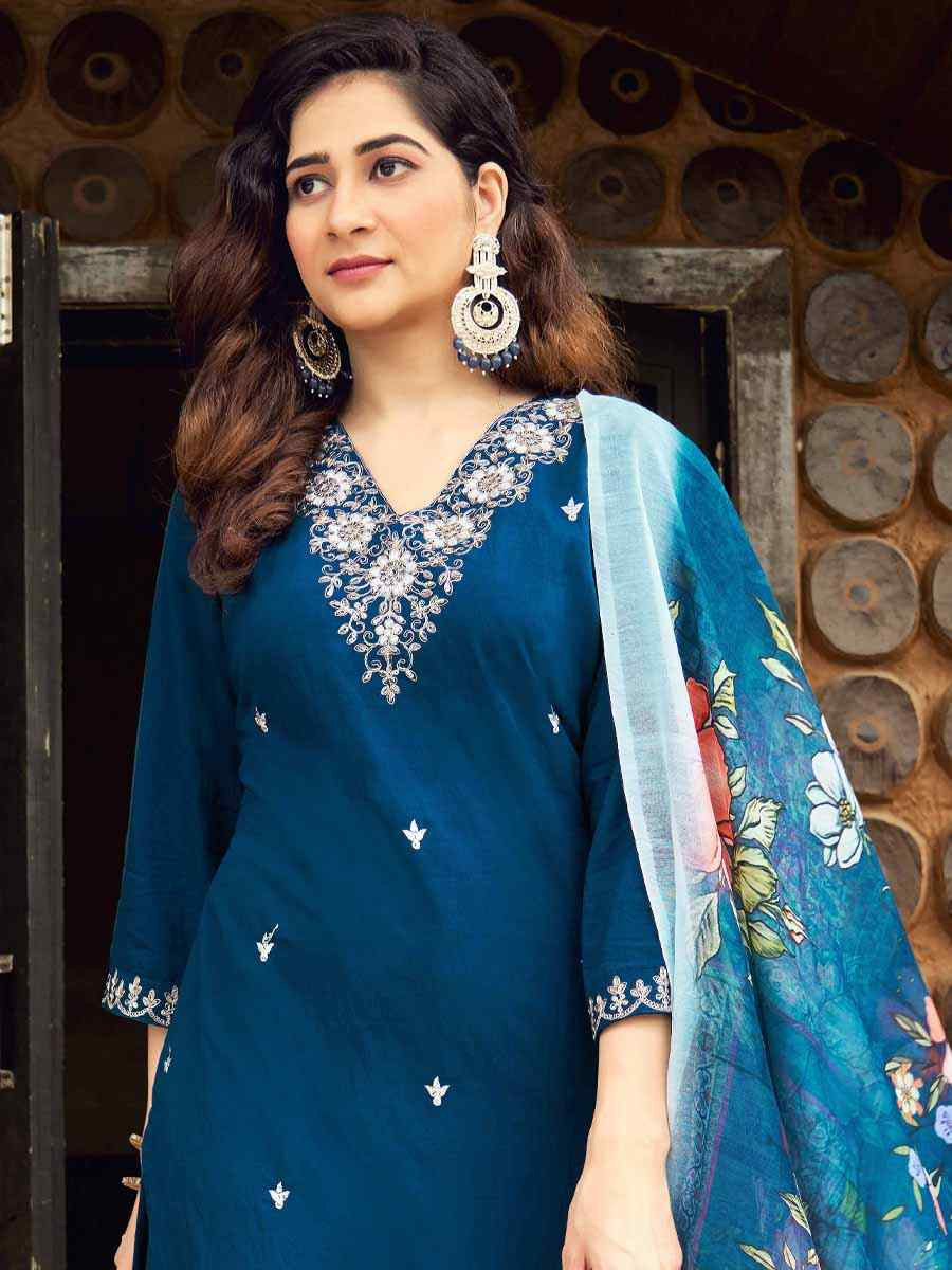 Teal Roman Silk Embroidered Festival Casual Pant Ready Salwar Kameez