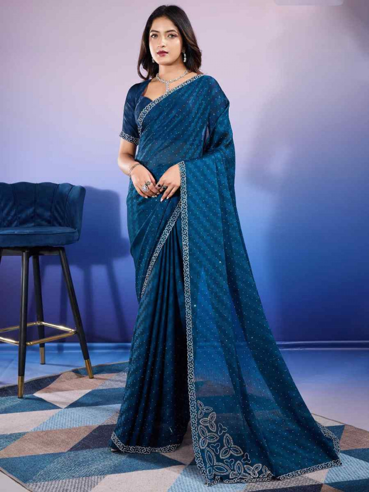 Teal Satin Chiffon Handwoven Festival Wedding Heavy Border Saree