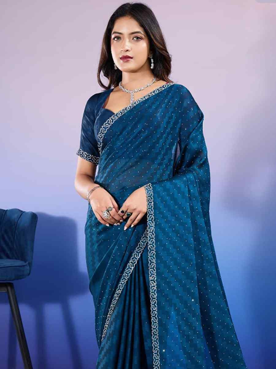 Teal Satin Chiffon Handwoven Festival Wedding Heavy Border Saree