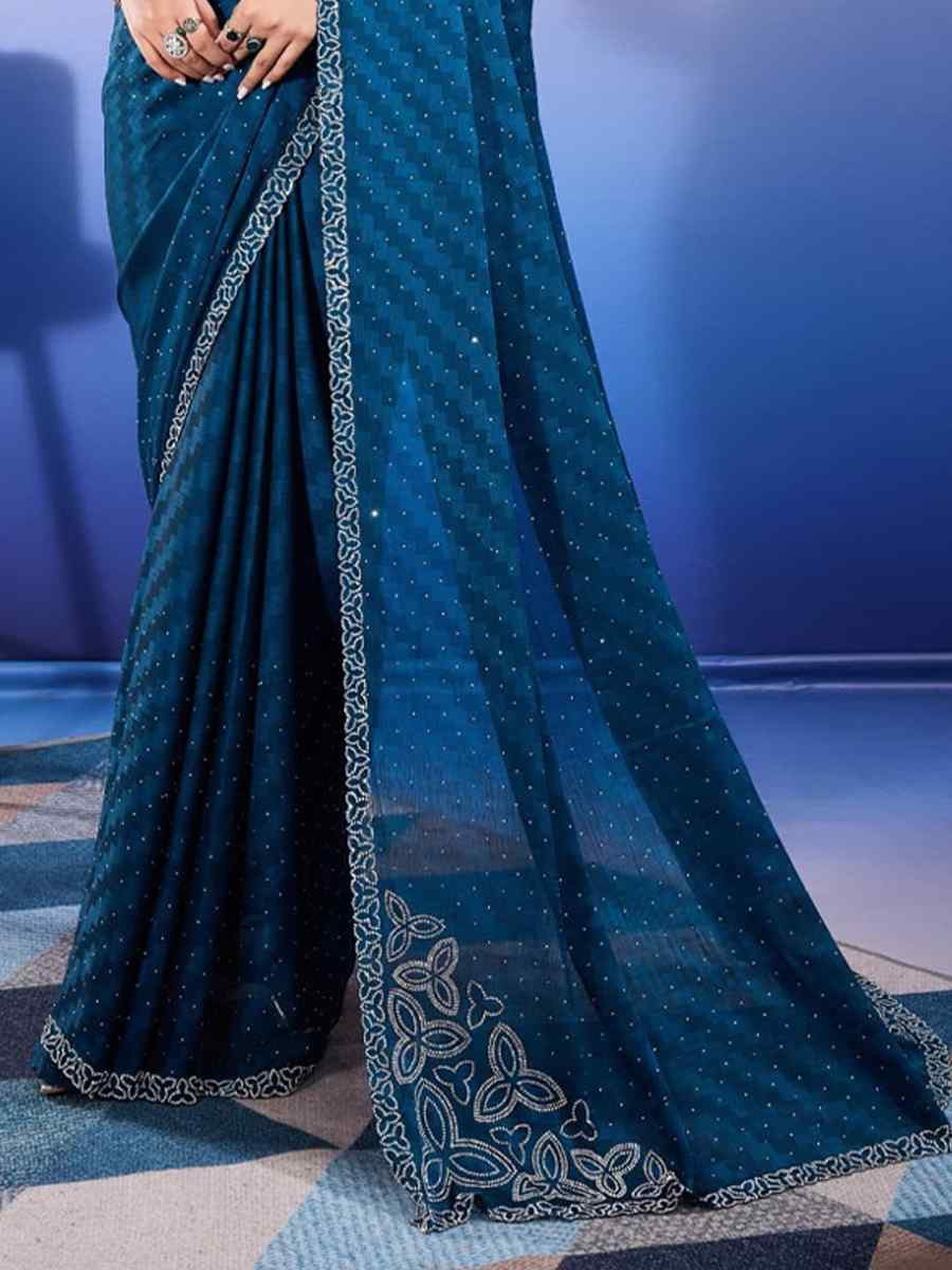 Teal Satin Chiffon Handwoven Festival Wedding Heavy Border Saree