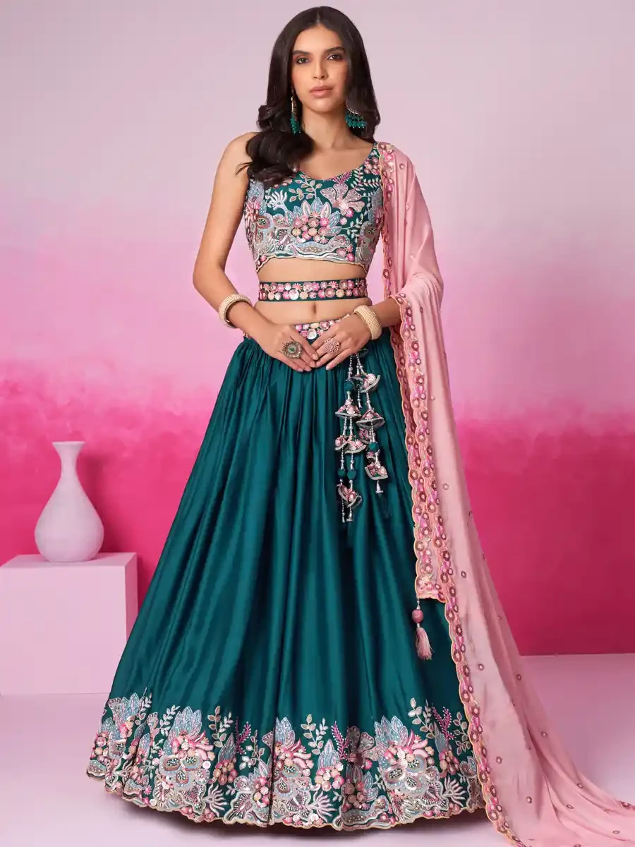 Teal Satin Embroidery Reception Party Wear Heavy Border Lehenga Choli