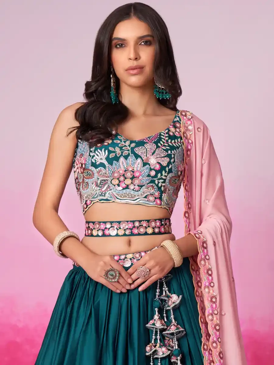 Teal Satin Embroidery Reception Party Wear Heavy Border Lehenga Choli