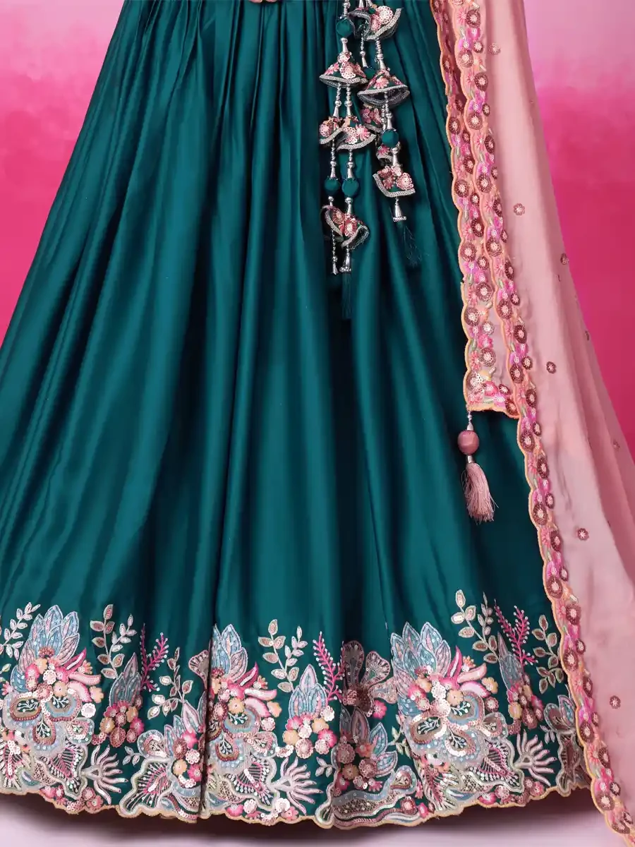 Teal Satin Embroidery Reception Party Wear Heavy Border Lehenga Choli