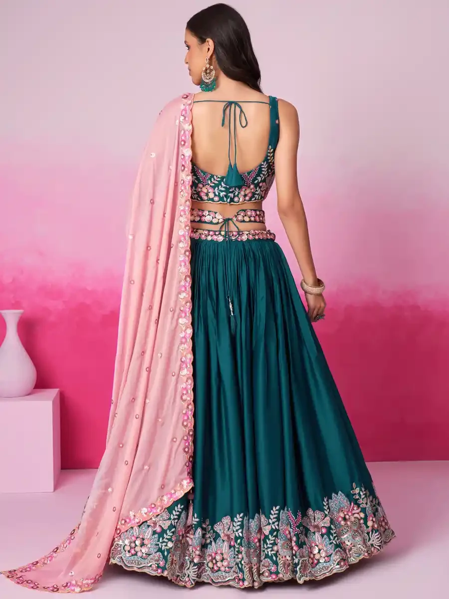 Teal Satin Embroidery Reception Party Wear Heavy Border Lehenga Choli