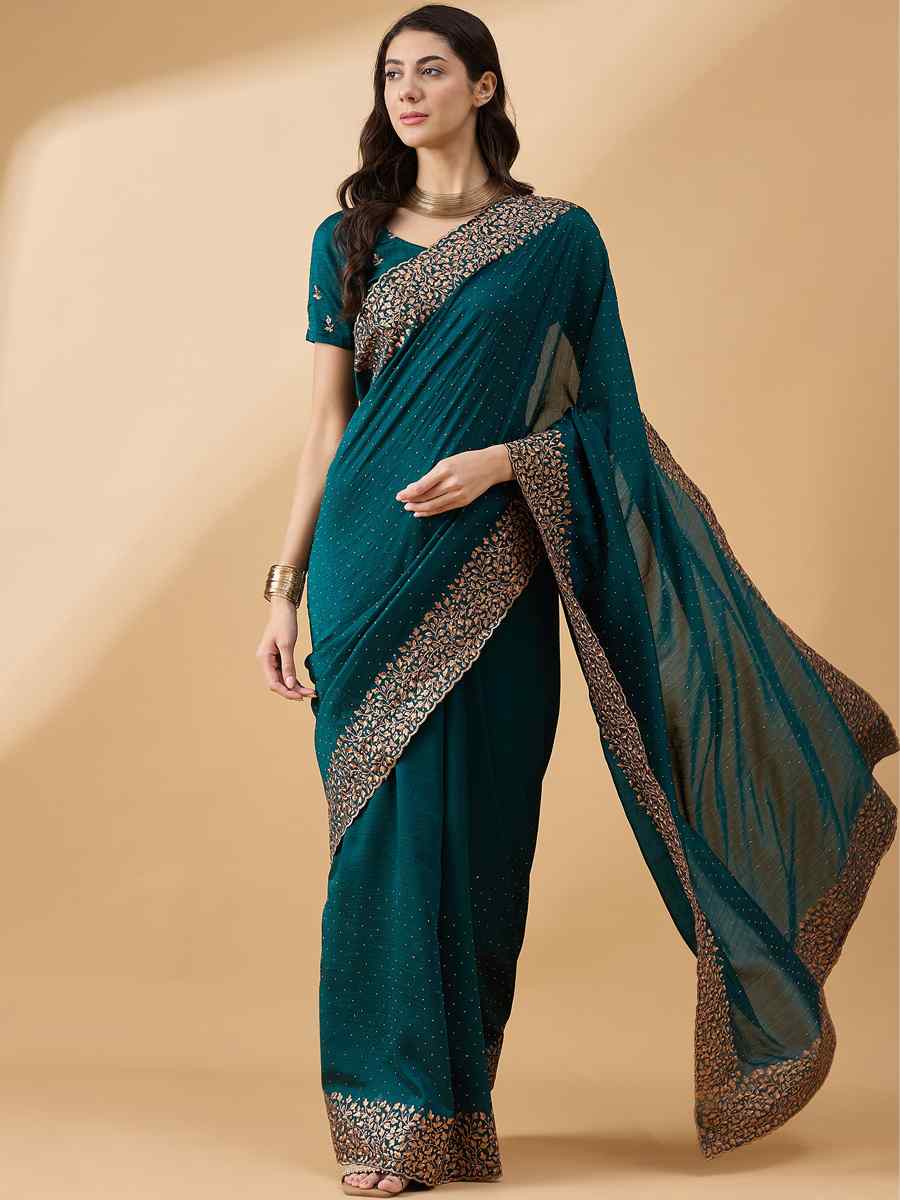 Teal Silk Blend Handwoven Wedding Festival Heavy Border Saree