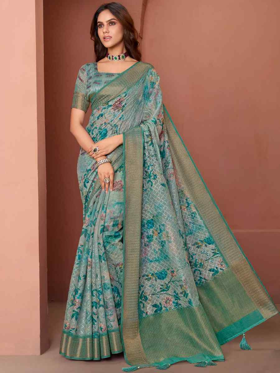 Teal Silk Embroidered Reception Party Heavy Border Saree