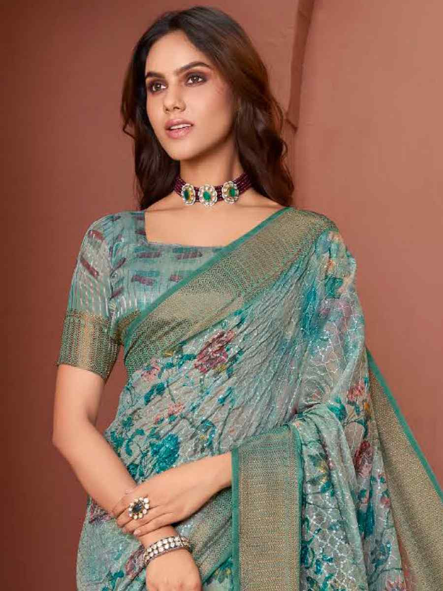 Teal Silk Embroidered Reception Party Heavy Border Saree