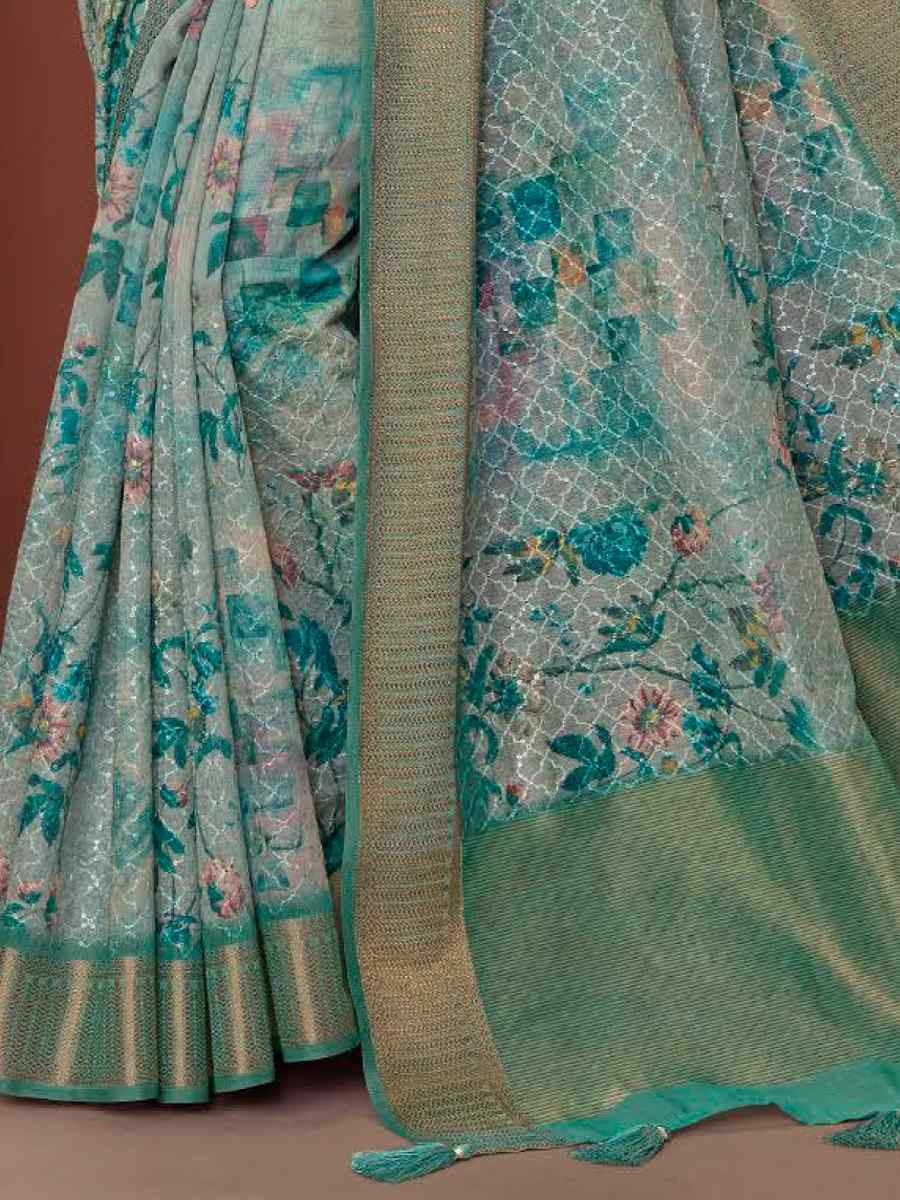 Teal Silk Embroidered Reception Party Heavy Border Saree