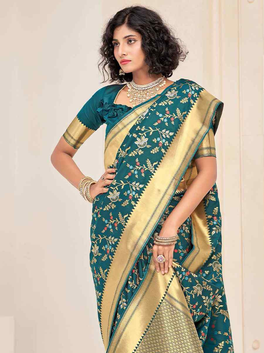 Teal Silk Handwoven Festival Casual Heavy Border Saree