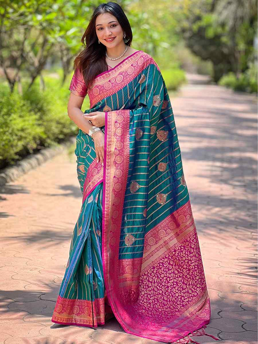 Teal Silk Handwoven Festival Wedding Heavy Border Saree