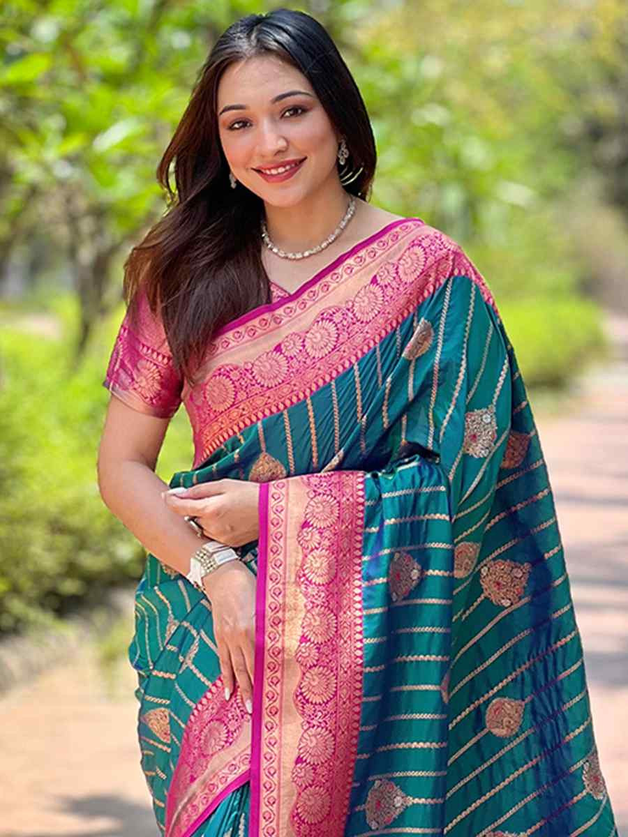 Teal Silk Handwoven Festival Wedding Heavy Border Saree