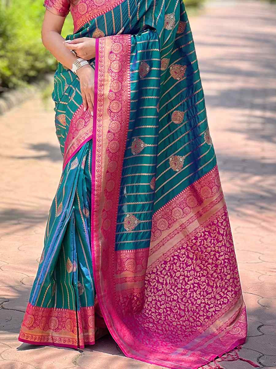 Teal Silk Handwoven Festival Wedding Heavy Border Saree