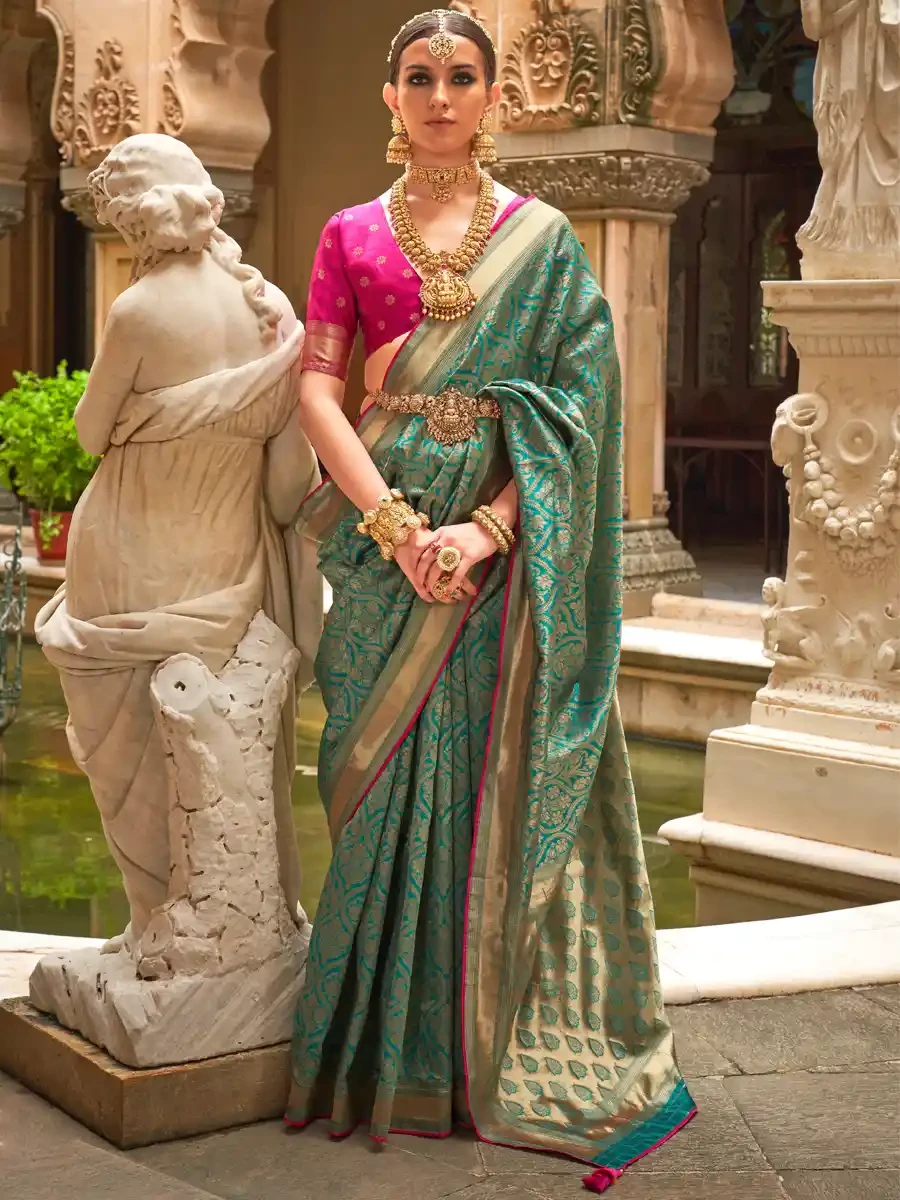 Teal Silk Handwoven Festival Wedding Heavy Border Saree