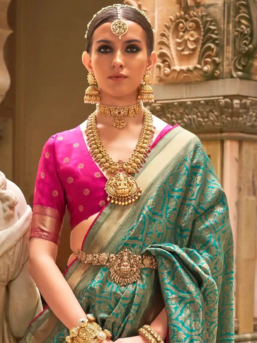 Teal Silk Handwoven Festival Wedding Heavy Border Saree