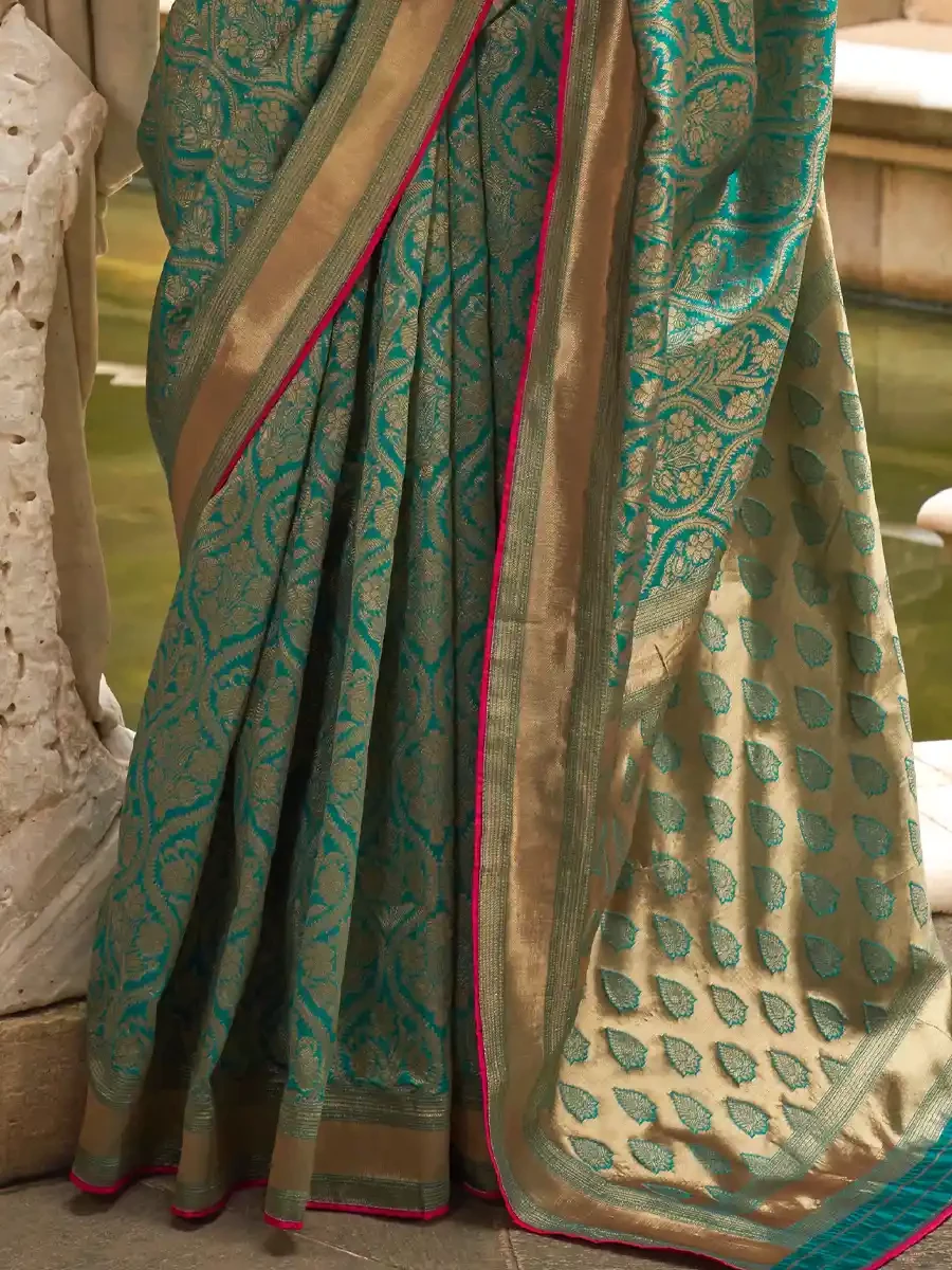 Teal Silk Handwoven Festival Wedding Heavy Border Saree