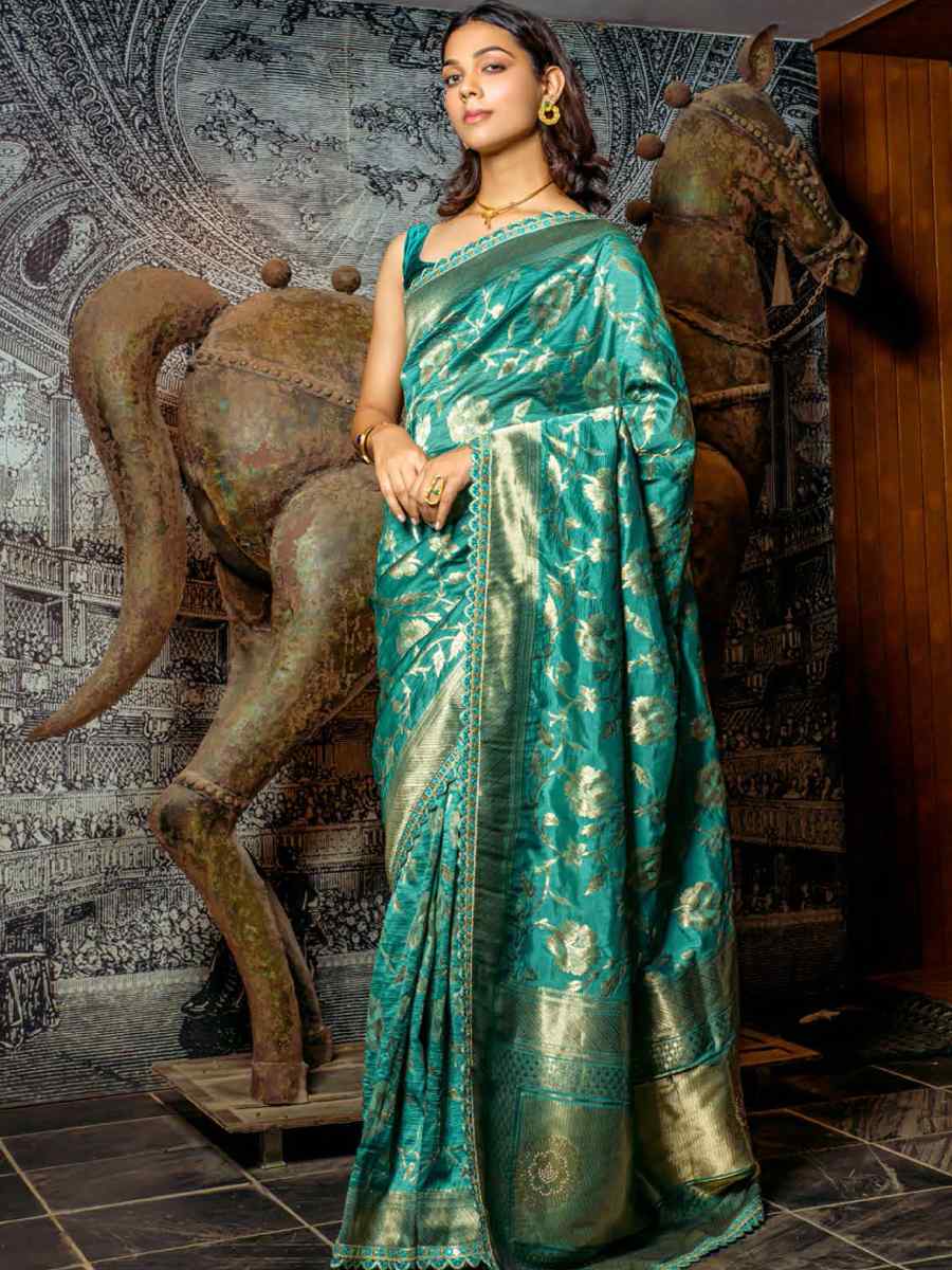 Teal Silk Handwoven Festival Wedding Heavy Border Saree