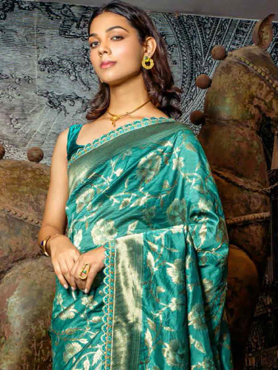 Teal Silk Handwoven Festival Wedding Heavy Border Saree