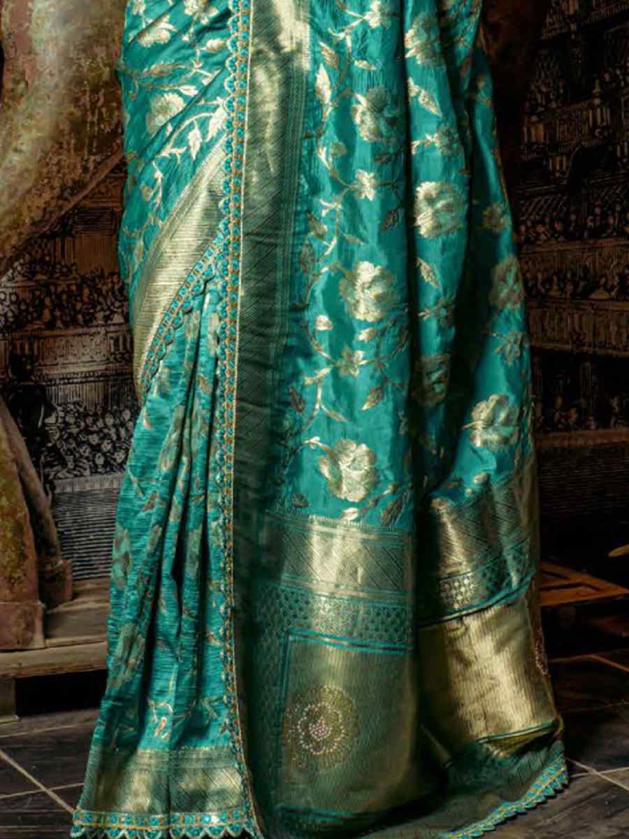 Teal Silk Handwoven Festival Wedding Heavy Border Saree