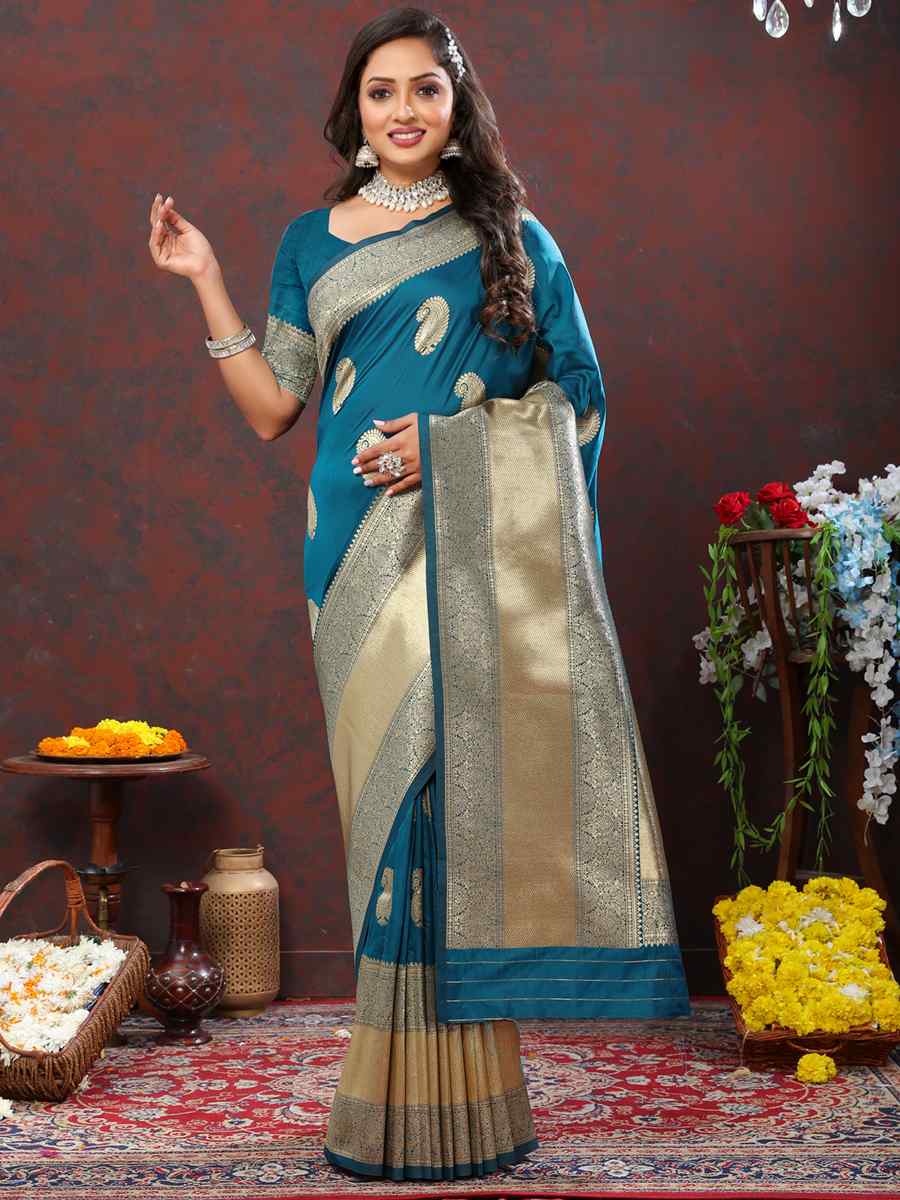 Teal Silk Handwoven Wedding Festival Heavy Border Saree