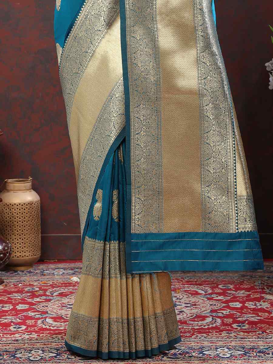 Teal Silk Handwoven Wedding Festival Heavy Border Saree