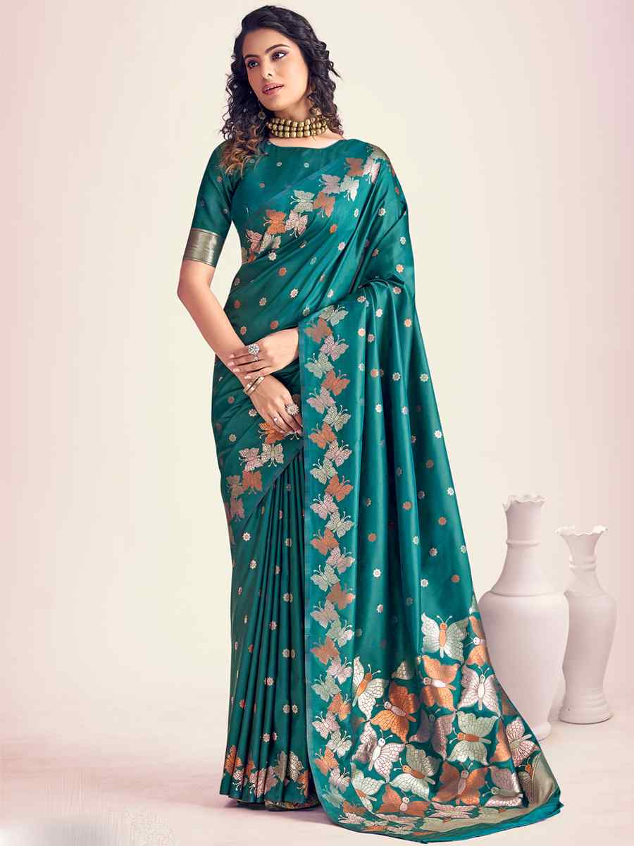 Teal Soft Banarasi Silk Handwoven Wedding Festival Heavy Border Saree