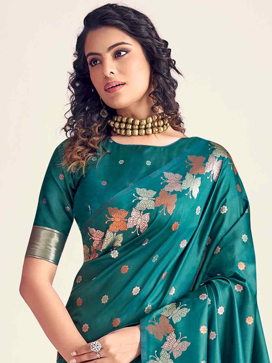 Teal Soft Banarasi Silk Handwoven Wedding Festival Heavy Border Saree