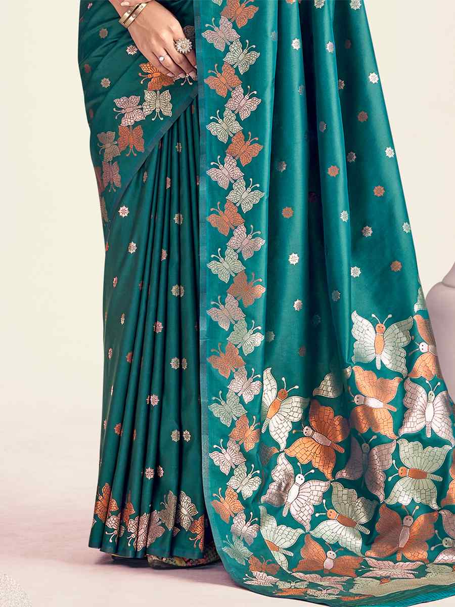 Teal Soft Banarasi Silk Handwoven Wedding Festival Heavy Border Saree