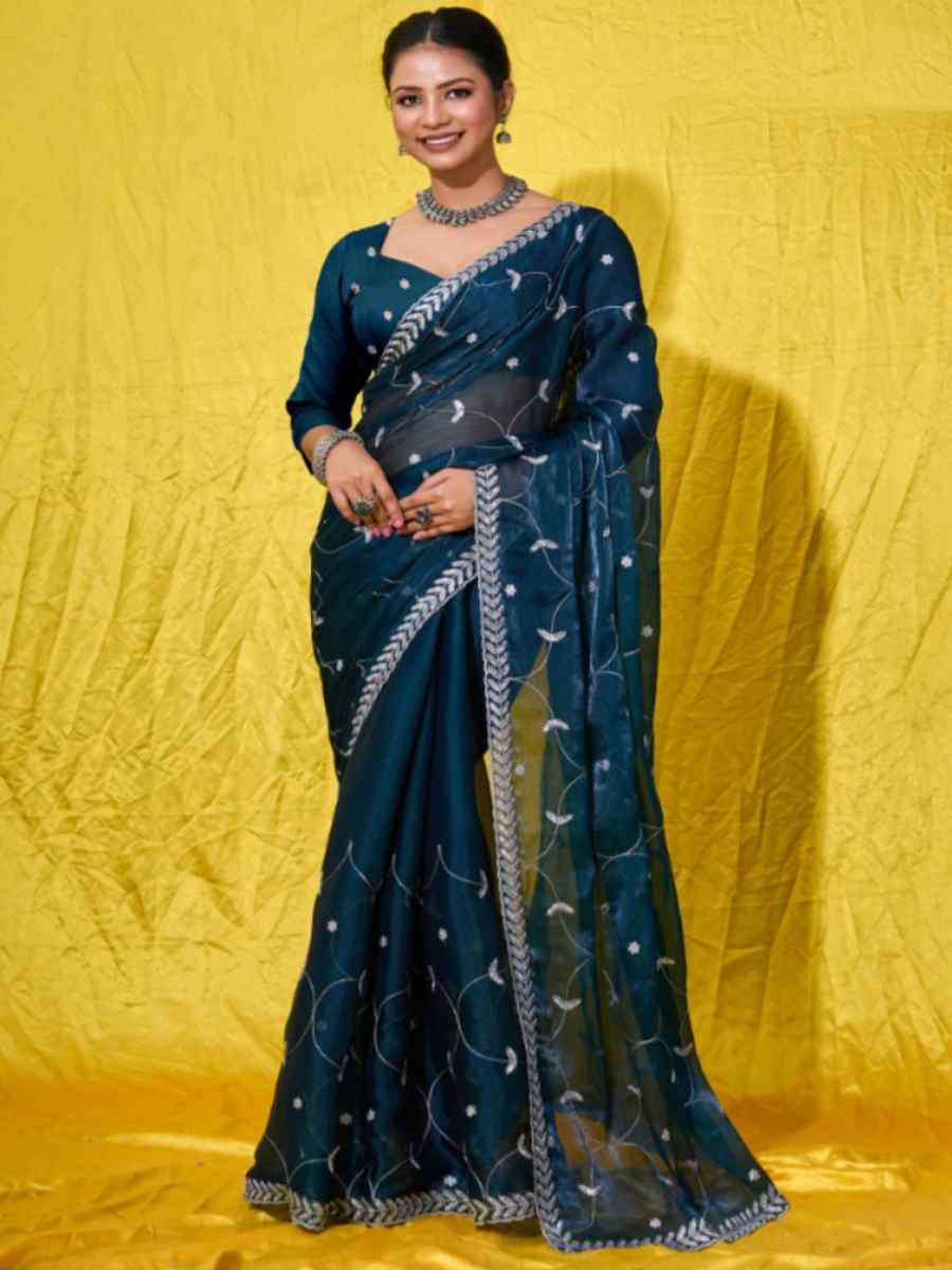 Teal Soft Burberry Embroidered Party Reception Heavy Border Saree