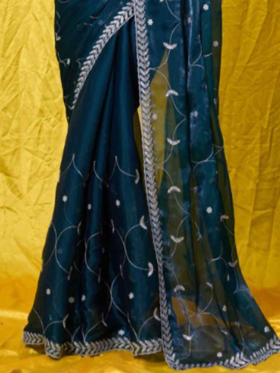 Teal Soft Burberry Embroidered Party Reception Heavy Border Saree