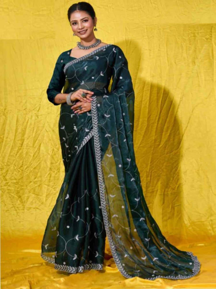 Teal Soft Burberry Embroidered Party Reception Heavy Border Saree