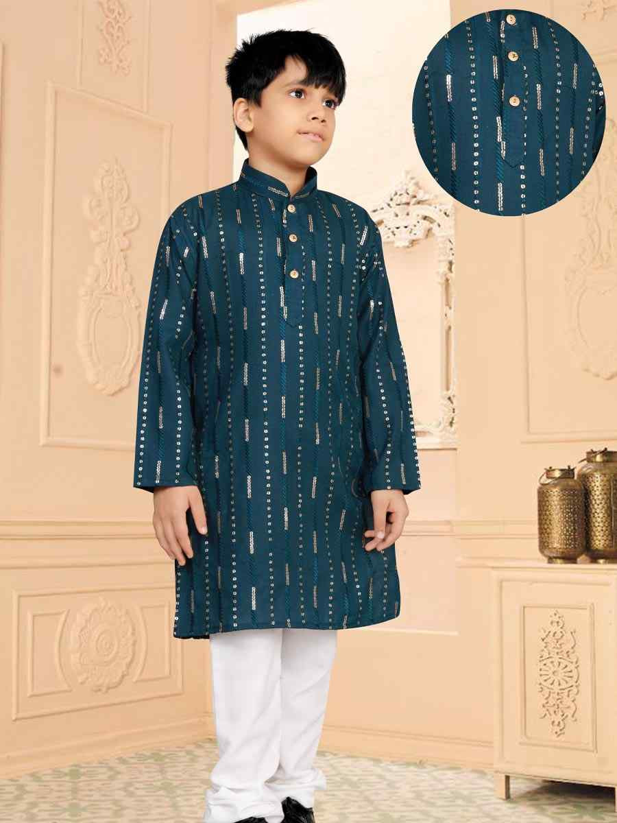 Teal Soft Cotton Embroidered Wedding Casual Kurta Pyjama Boys Wear