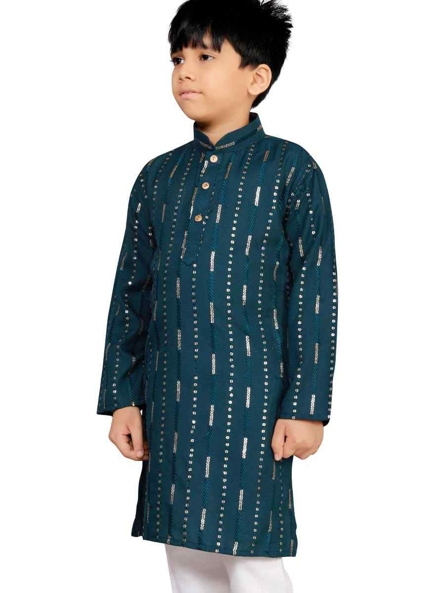 Teal Soft Cotton Embroidered Wedding Casual Kurta Pyjama Boys Wear