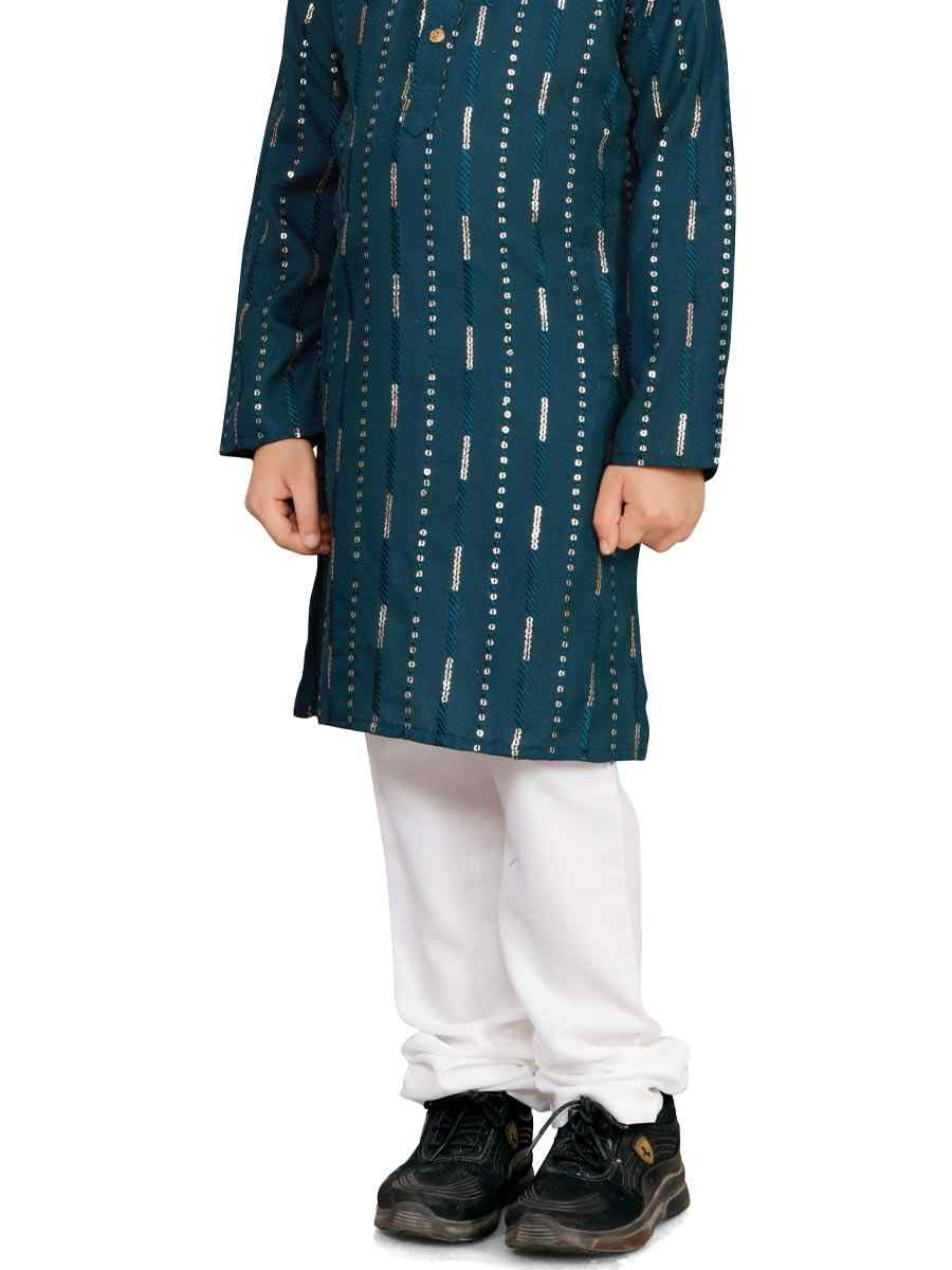 Teal Soft Cotton Embroidered Wedding Casual Kurta Pyjama Boys Wear