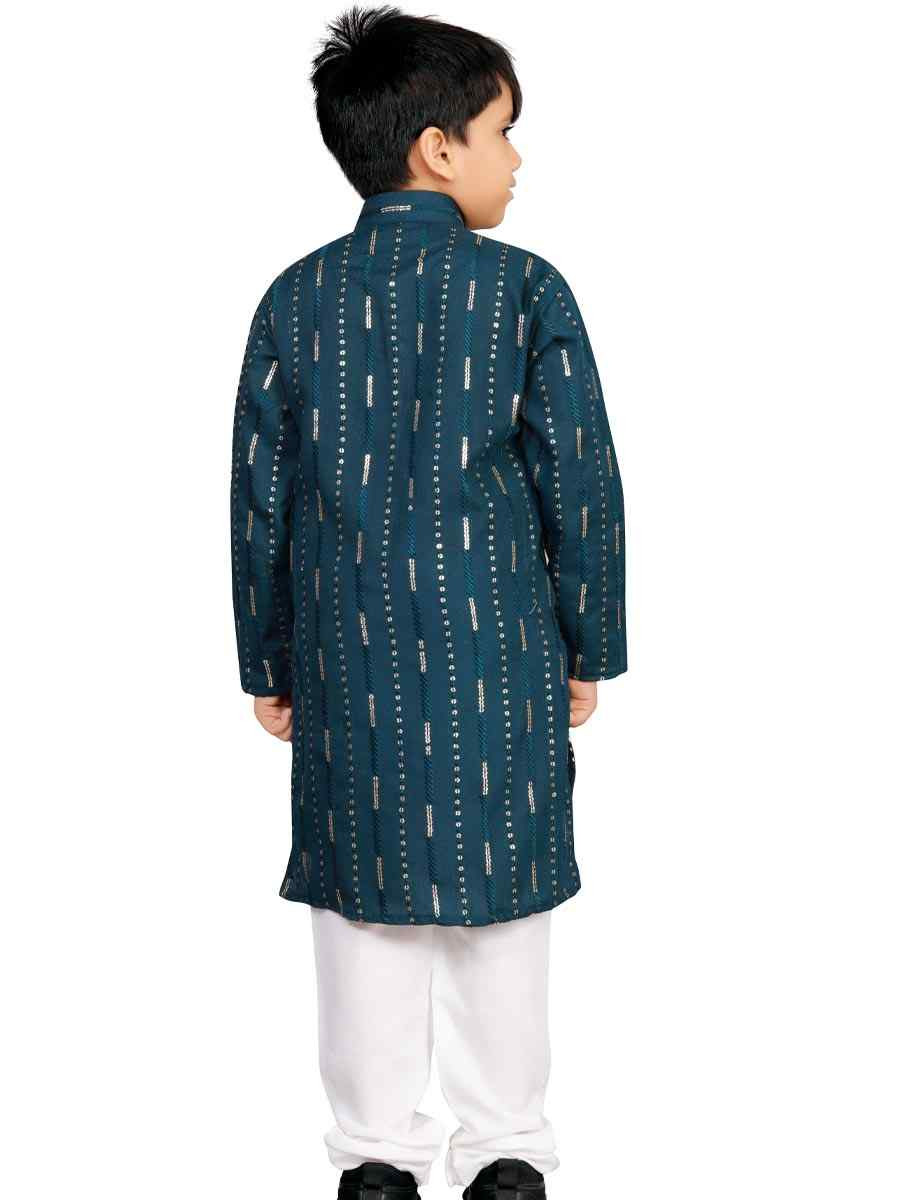 Teal Soft Cotton Embroidered Wedding Casual Kurta Pyjama Boys Wear