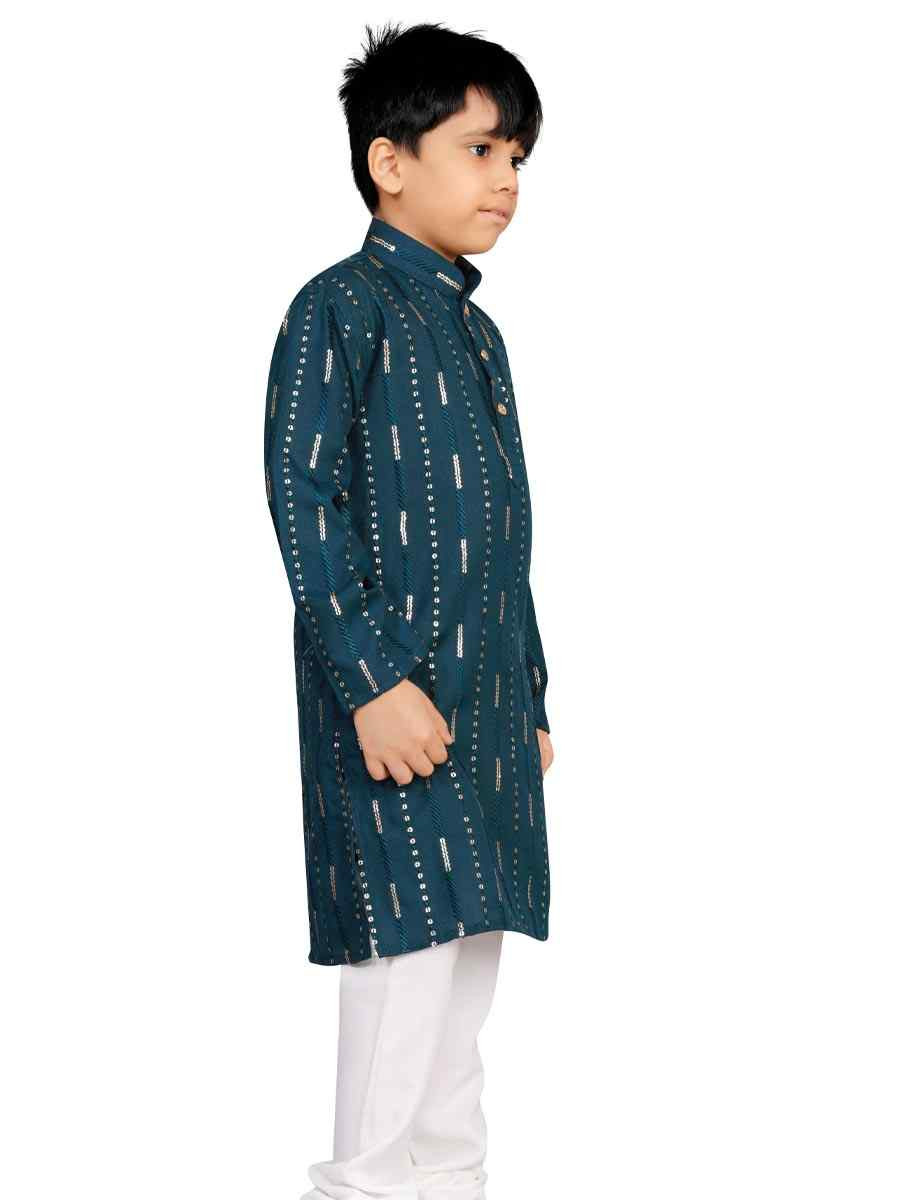 Teal Soft Cotton Embroidered Wedding Casual Kurta Pyjama Boys Wear