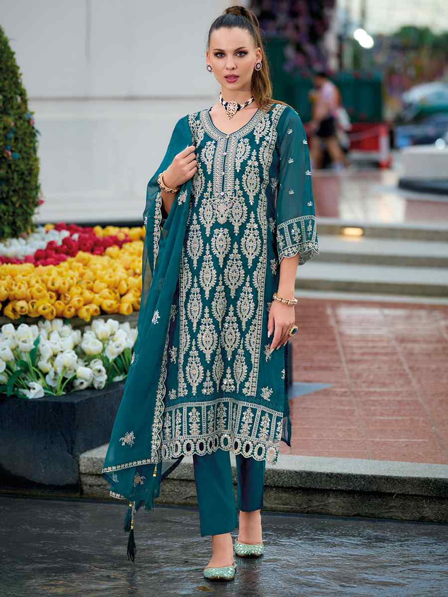 Teal Soft Organza Embroidered Festival Mehendi Ready Pant Salwar Kameez