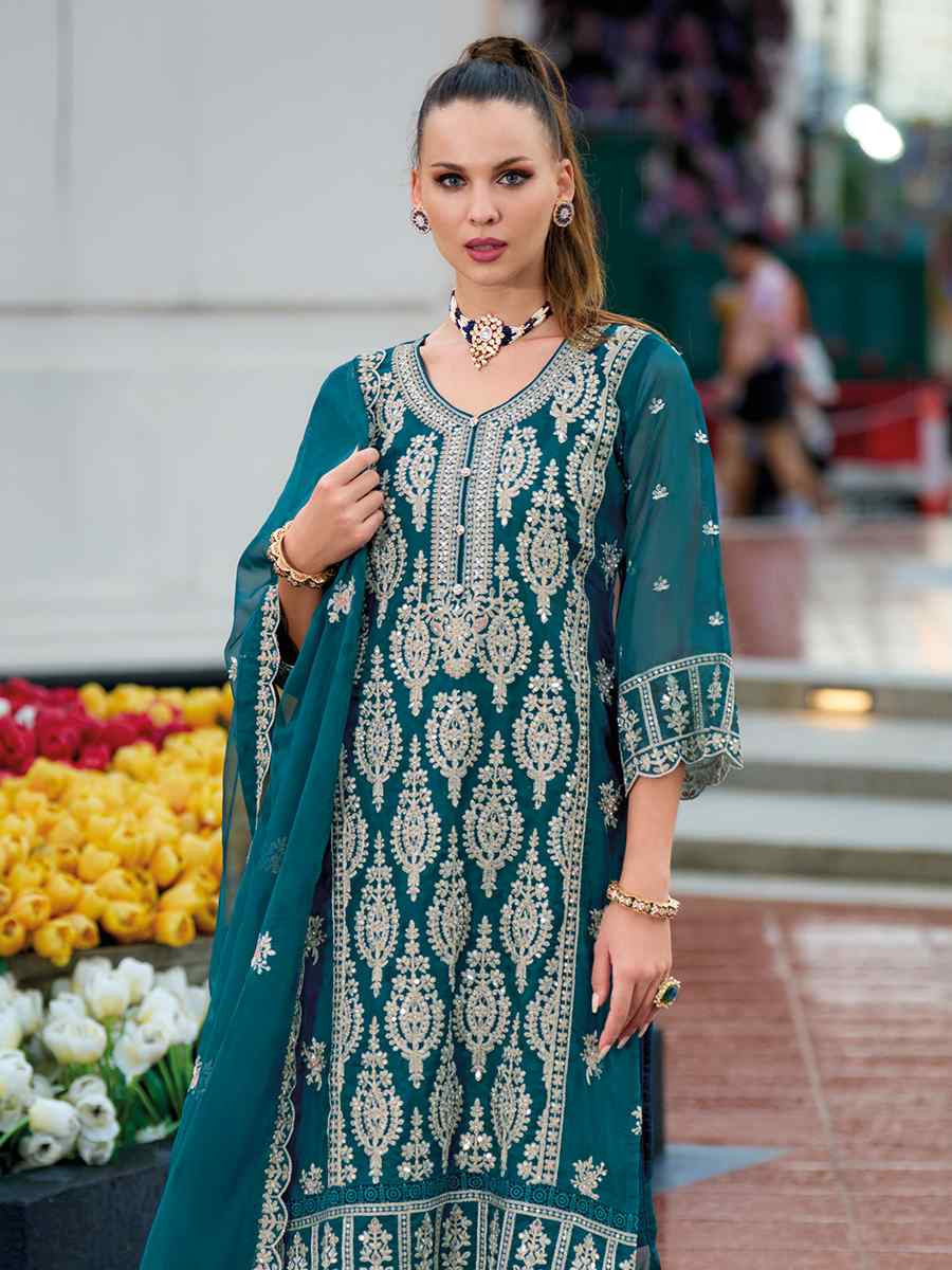 Teal Soft Organza Embroidered Festival Mehendi Ready Pant Salwar Kameez