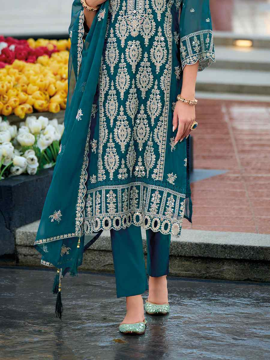 Teal Soft Organza Embroidered Festival Mehendi Ready Pant Salwar Kameez