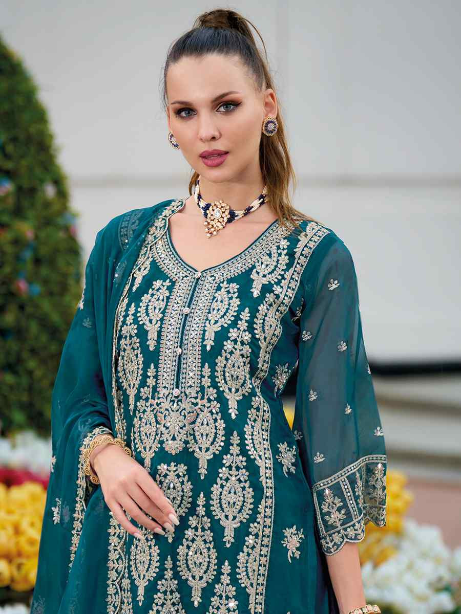 Teal Soft Organza Embroidered Festival Mehendi Ready Pant Salwar Kameez