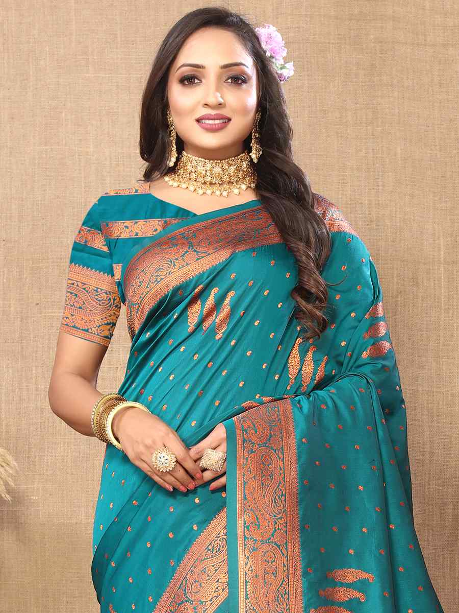 Teal Soft Silk Handwoven Casual Festival Heavy Border Saree