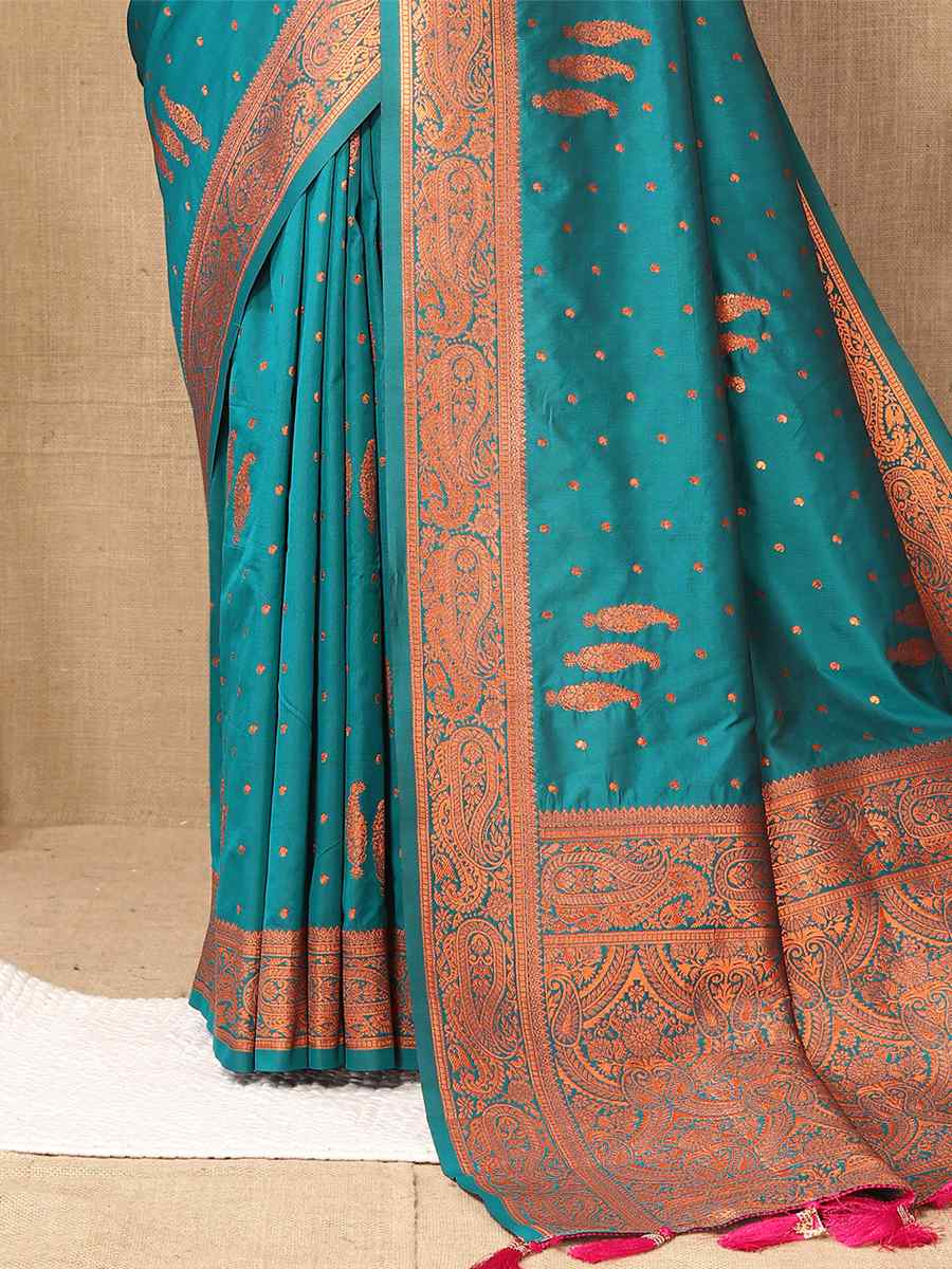 Teal Soft Silk Handwoven Casual Festival Heavy Border Saree