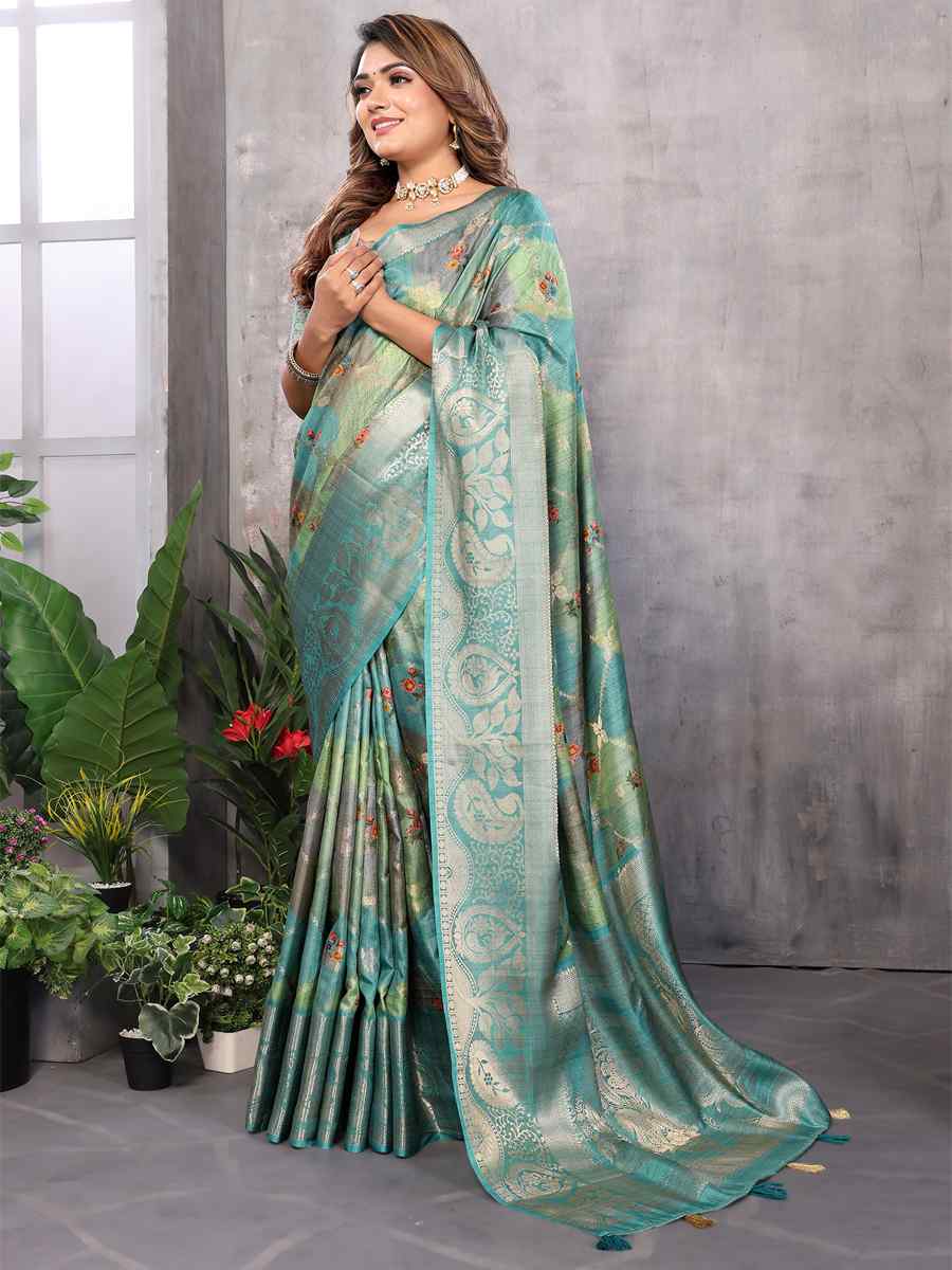 Teal Soft Weaving Handwoven Festival Casual Heavy Border Saree