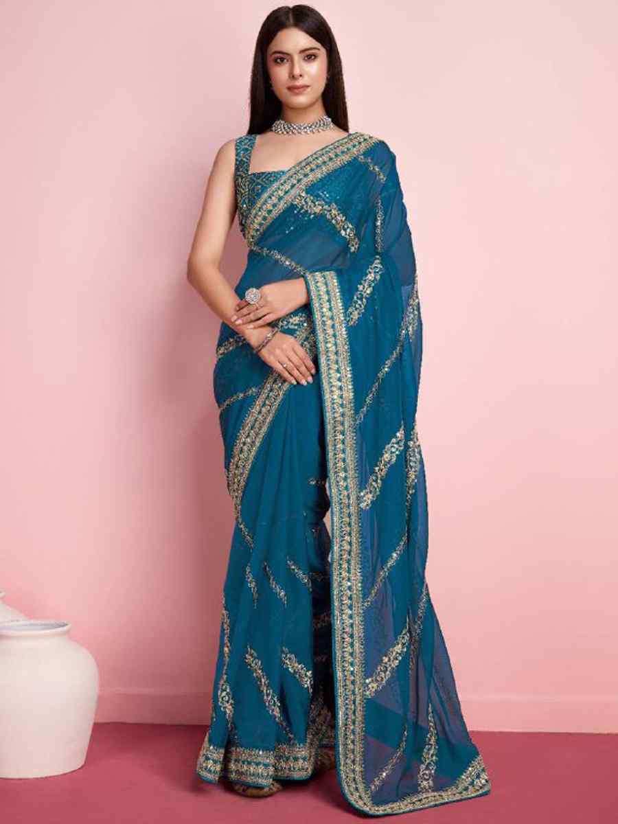 Teal Taby Silk Embroidered Festival Party Classic Style Saree