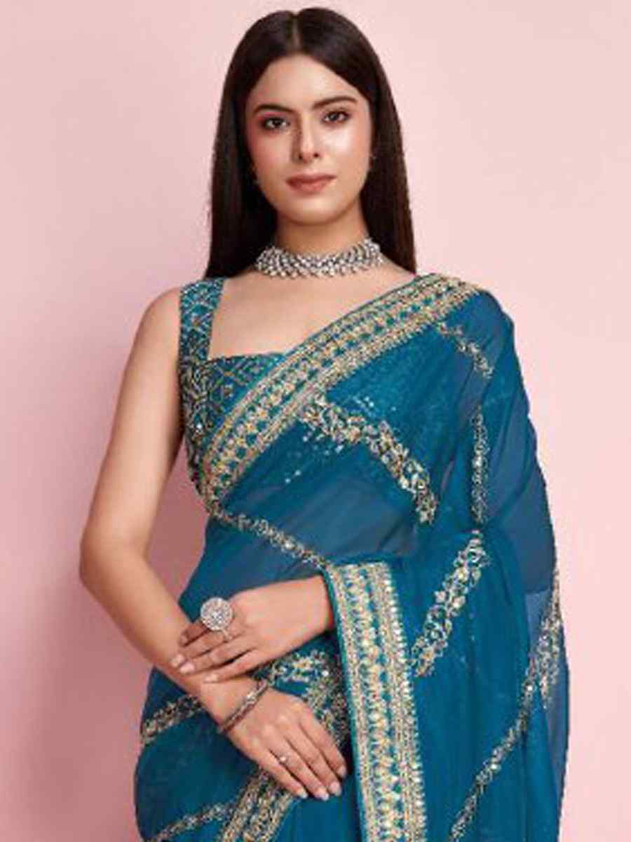 Teal Taby Silk Embroidered Festival Party Classic Style Saree