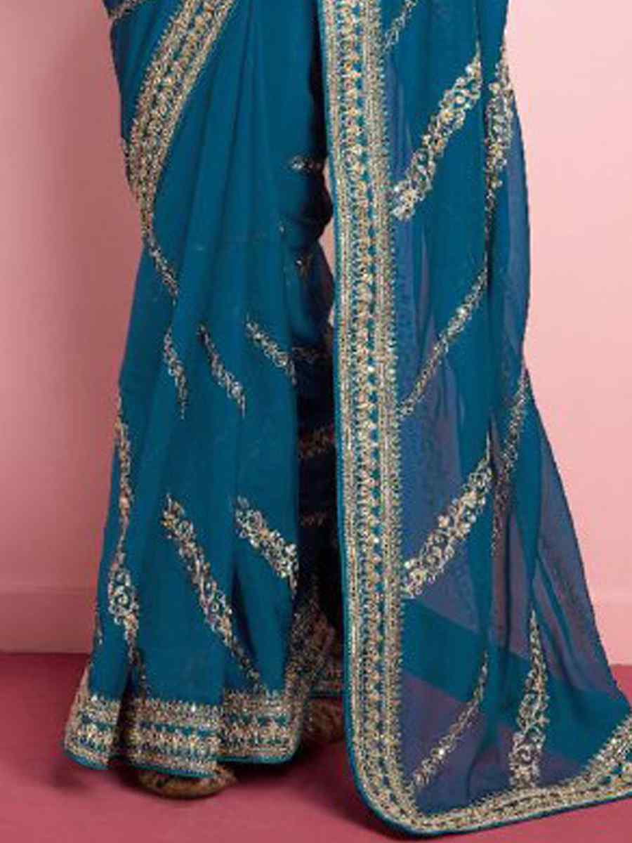 Teal Taby Silk Embroidered Festival Party Classic Style Saree