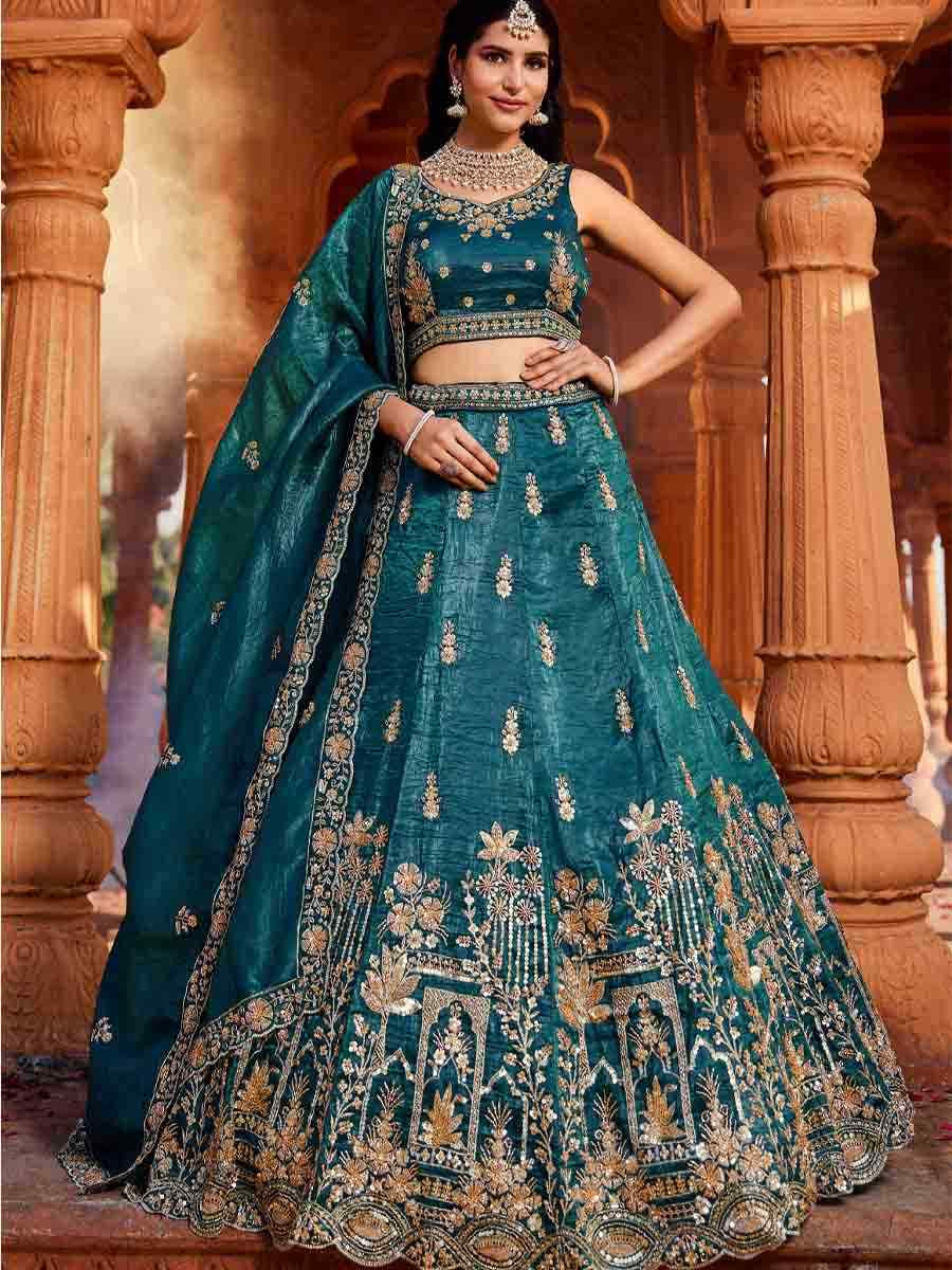 Teal Tissue Embroidery Reception Party Wear Heavy Border Lehenga Choli