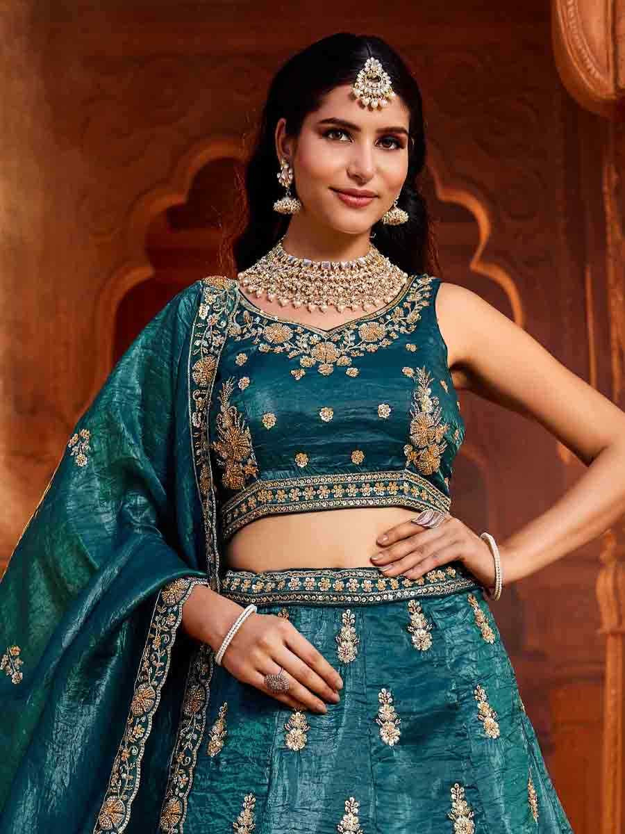 Teal Tissue Embroidery Reception Party Wear Heavy Border Lehenga Choli