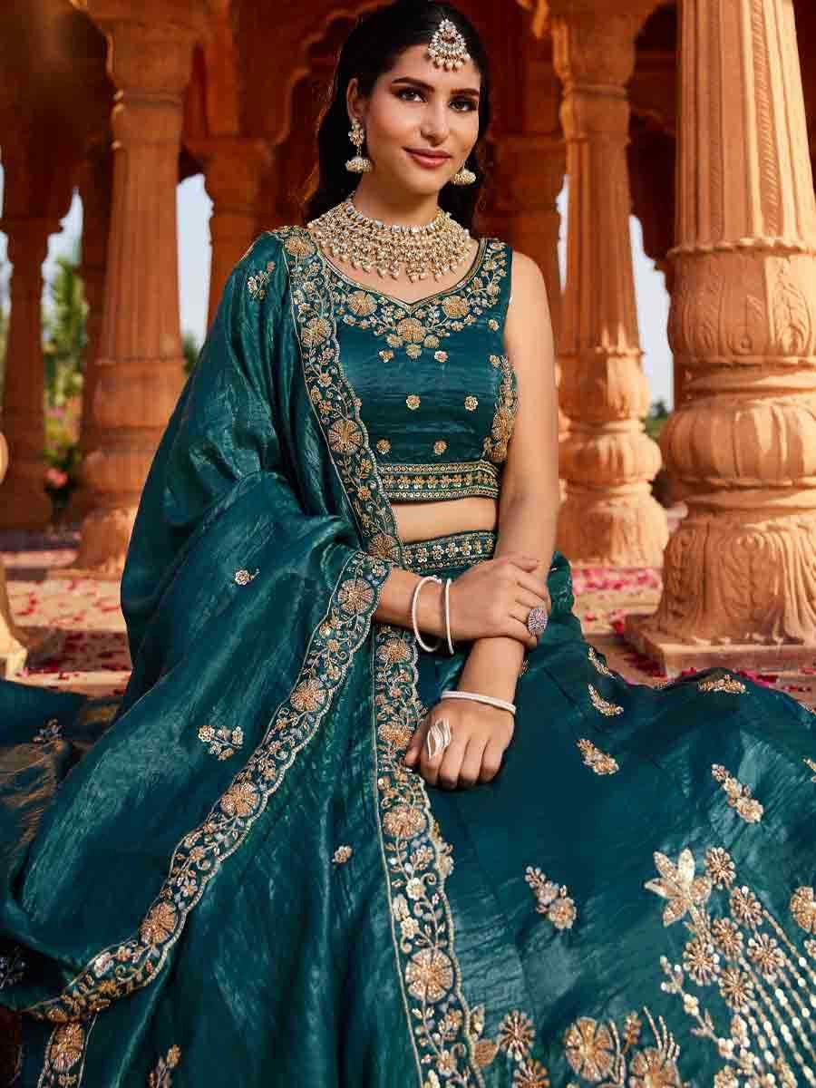 Teal Tissue Embroidery Reception Party Wear Heavy Border Lehenga Choli